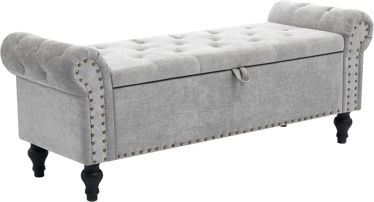 51" Storage Bench for Bedroom, Upholstered Ottoman Bench Chenille LightGray
