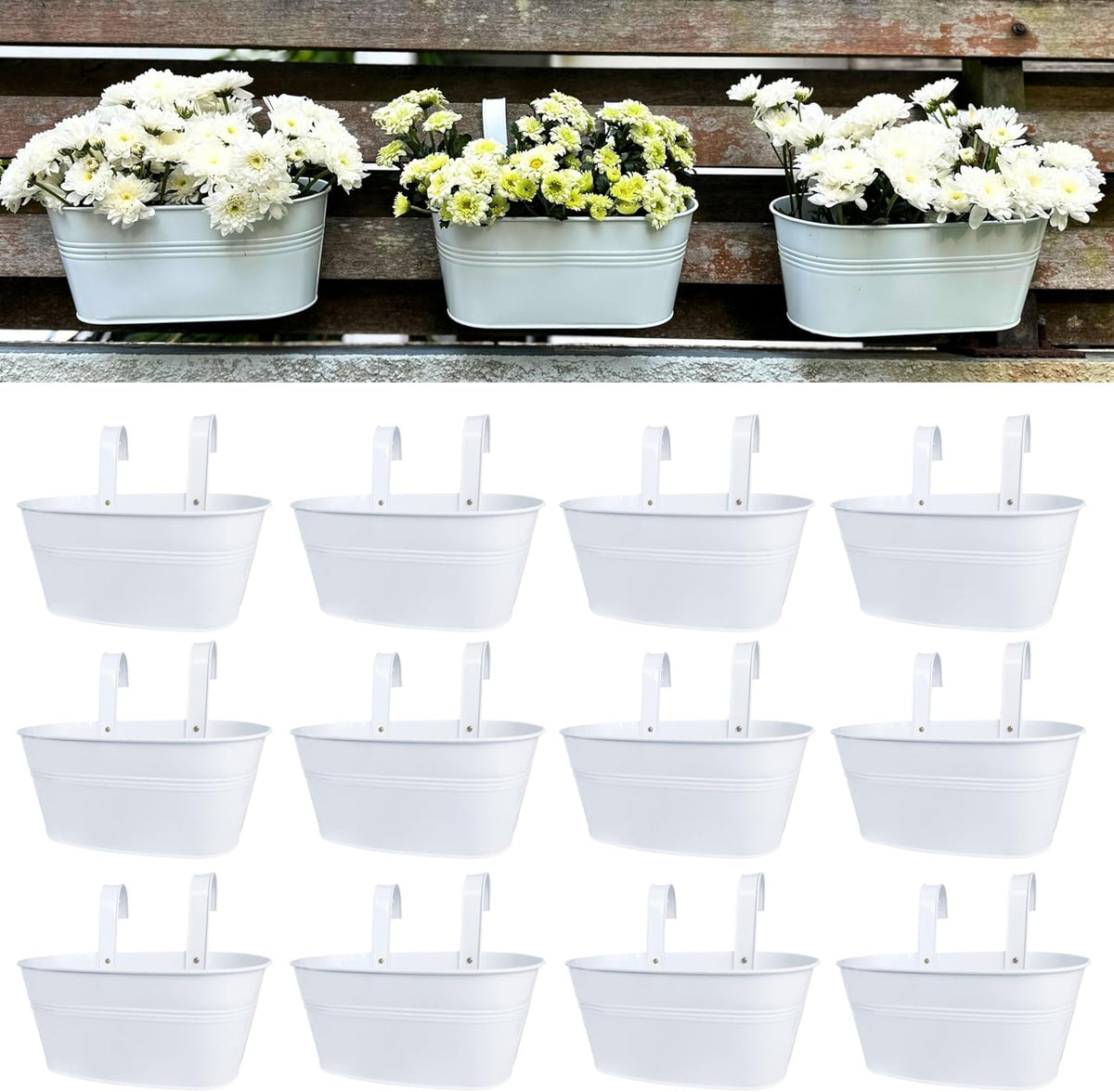 LaLaGreen Outdoor Rail Planter (11.2 in, 12 Pack) White Metal Hanging Pots