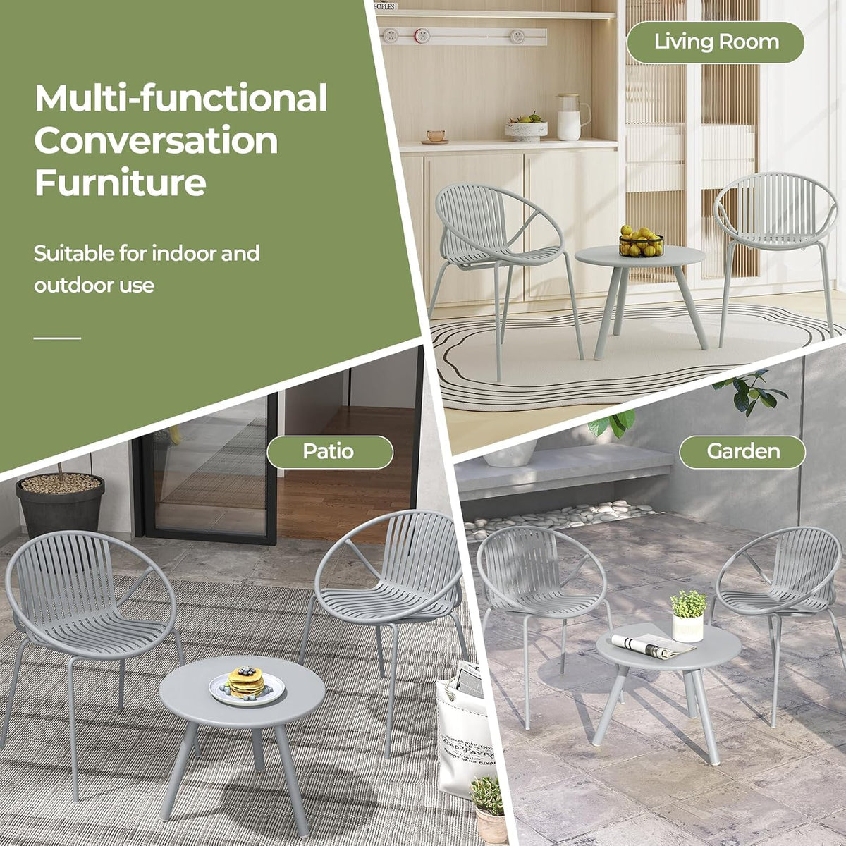 Tangkula 3-Piece Bistro Set - All-Weather PP Patio Conversation Set, Heavy-Duty Metal Frame Outdoor Acapulco Chair Set with Round Coffee Table, Perfect for Deck or Balcony (Gray)