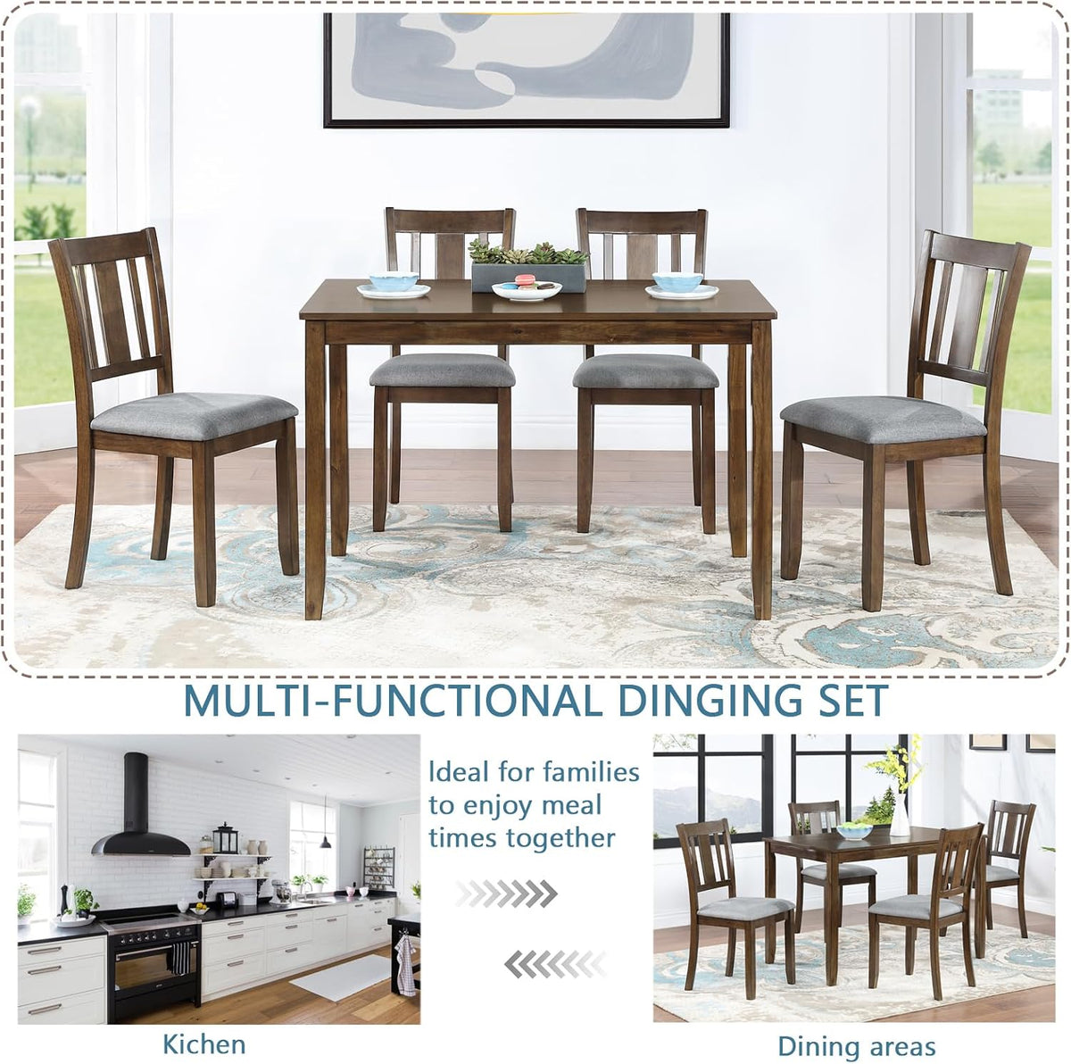 RuiSiSi Farmhouse 5 Piece Dining Table Set for 4, Solid Wood Rustic Kitchen Table with 4 Upholstered Chairs, Wood 5 Piece Dinette Table Set for Dining Room, Living Room, Kitchen, Walnut