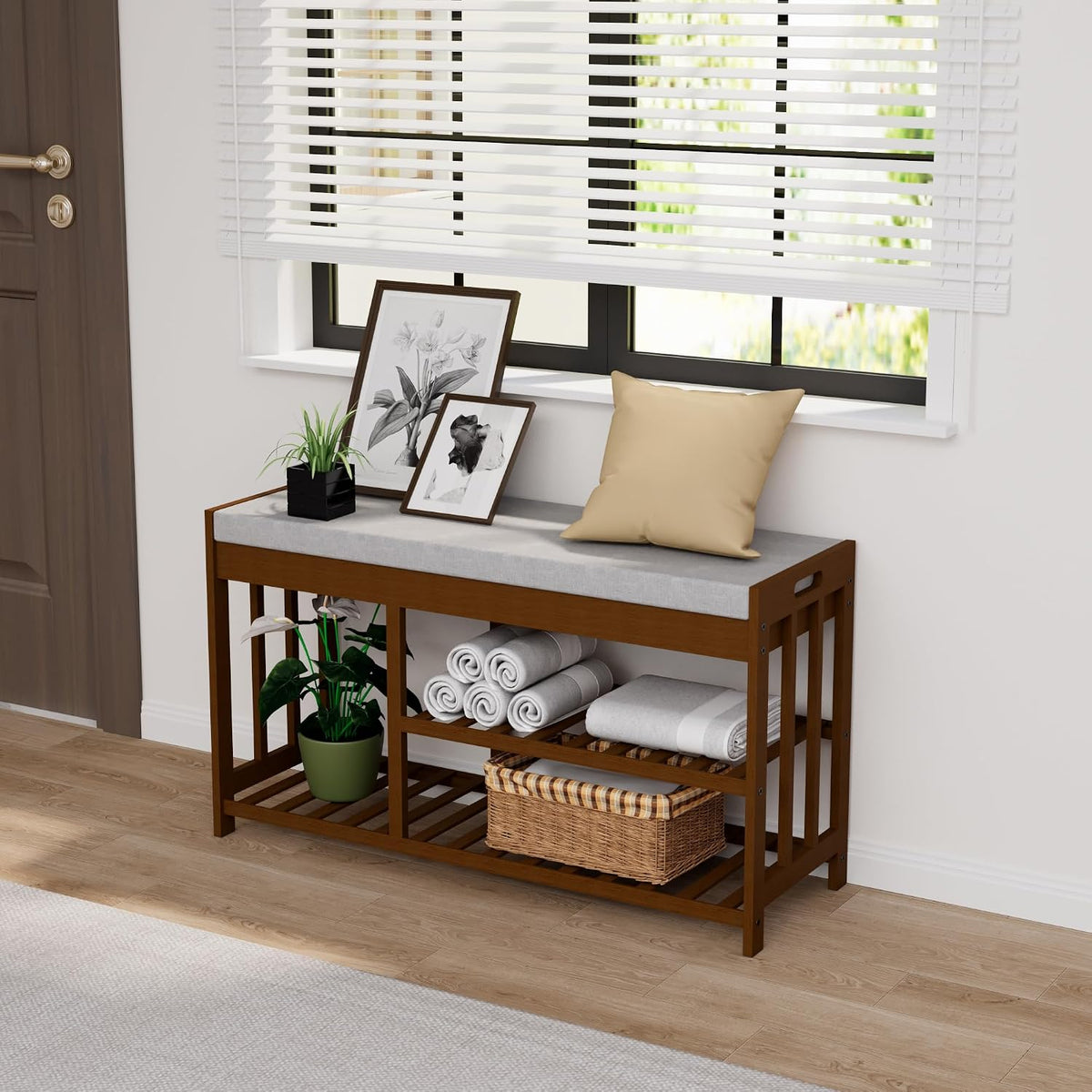 Bamboo Shoe Storage Bench with Cushioned Seat 3-Tier Entryway Shoe Rack