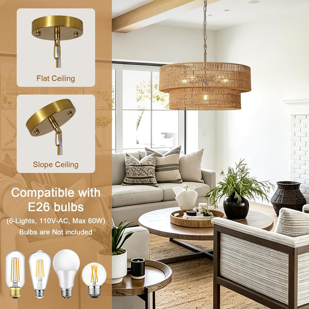 23.6" large rattan chandelier for dining room, 6-light, close-up detail
