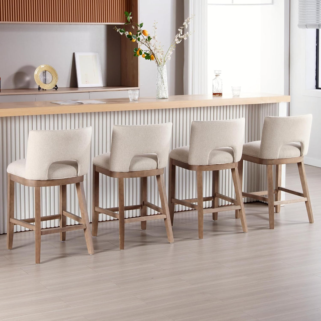 Farmhouse Bar Stools Set of 4, 26" Counter Height Barstools, Linen Upholstered Barstools with Open Back for Kitchen Island/Breakfast Bar/Home Pub, Beige