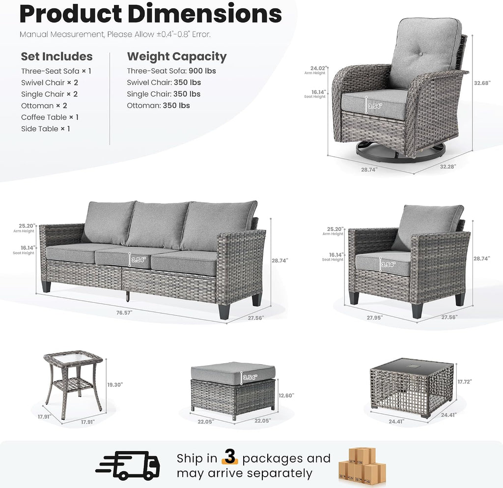 ovios 9 Pieces Patio Furniture Set, Outdoor Wicker Sofa Couch with Swivel Glider Chairs Solar Lights Table, Modern Deep Seat Rattan Conversation Sets for Deck Porch, Dark Grey