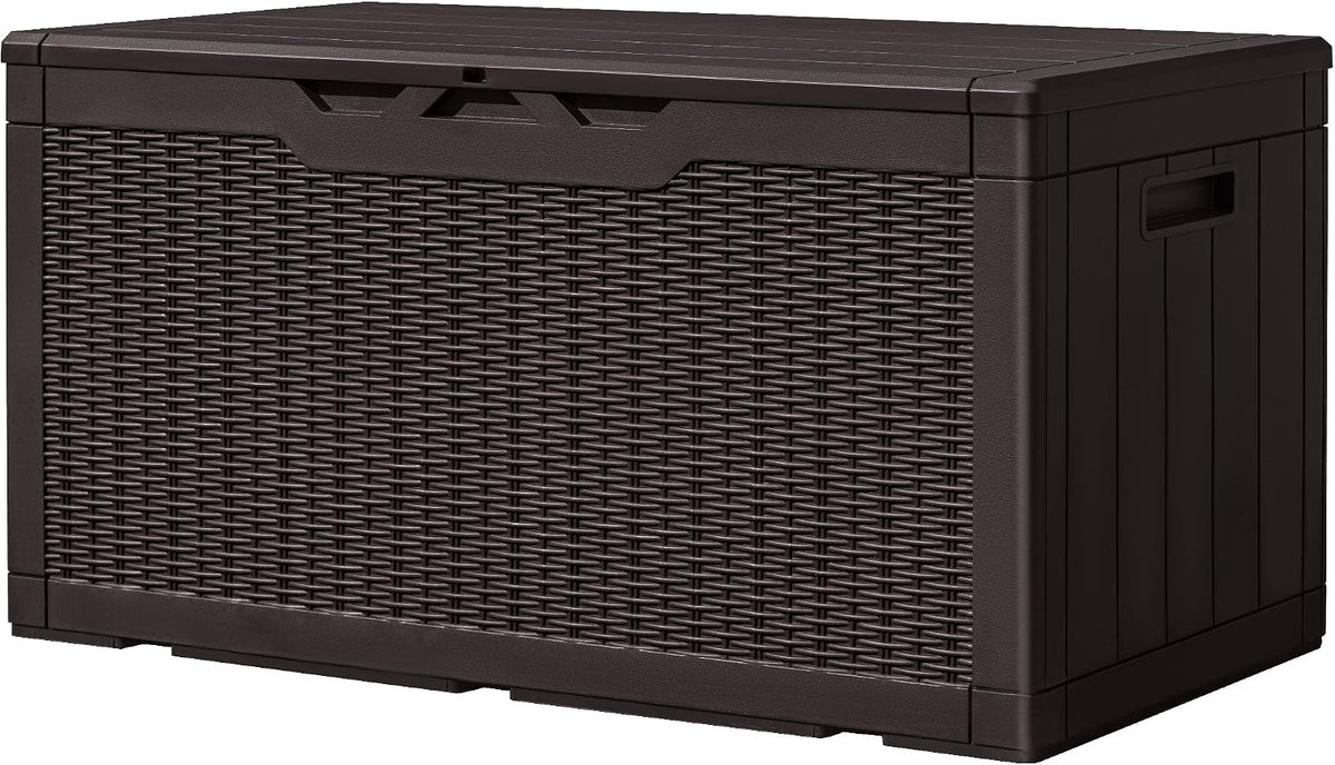 Greesum 100 Gallon Resin Deck Box Large Outdoor Storage, Imitation Rattan Weave Texture for Patio Furniture, Garden Tools, Pool Supplies, Weatherproof and UV Resistant, Lockable, Dark Brown