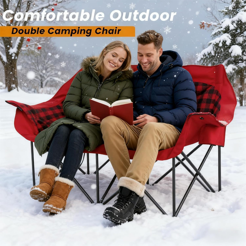 Heated Double Camping Chair with 2 Battery, Padded Camping Couch with 3 Heat Levels and 4 Heating Zones, Oversized Camp Loveseat Support 800lbs for Soccer Games, Tailgating, RV Travel, Beach Days