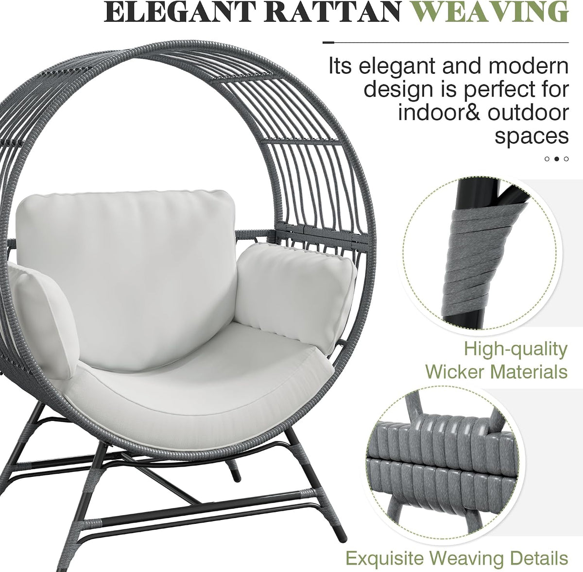 Bifanuo Oversized Egg Chair Indoor/Outdoor Rattan Hanging Basket Chair with Thickened Cushion Supports 350LBS – Wicker Patio Lounge Chair for Balcony Porch Living Room Backyard (Grey)