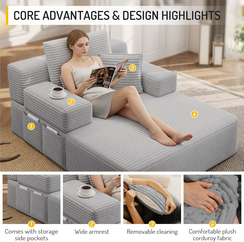 Avenix 70" Oversized Boneless Chaise Lounge Chair Indoor, Comfy Oversized Reading Chair Sleeper Sofa Bed, No Assembly Required, Light Gray