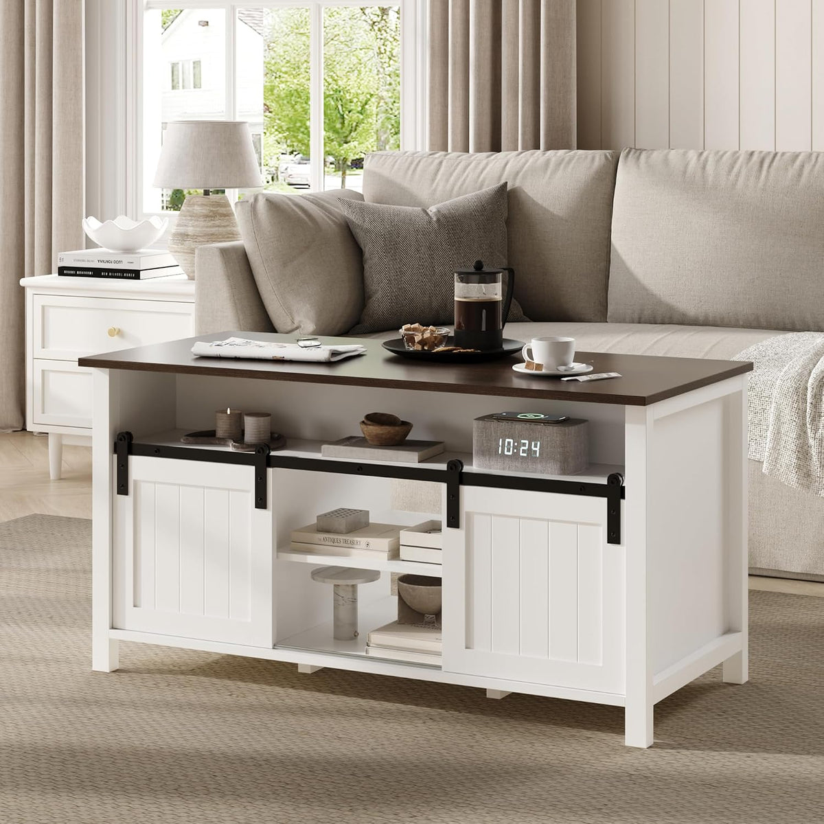 MHOM Farmhouse Coffee Table with Storage, Rustic Living Room Table with Sliding Barn Doors & Hidden Compartment, Wooden Center Table for Living Room, White