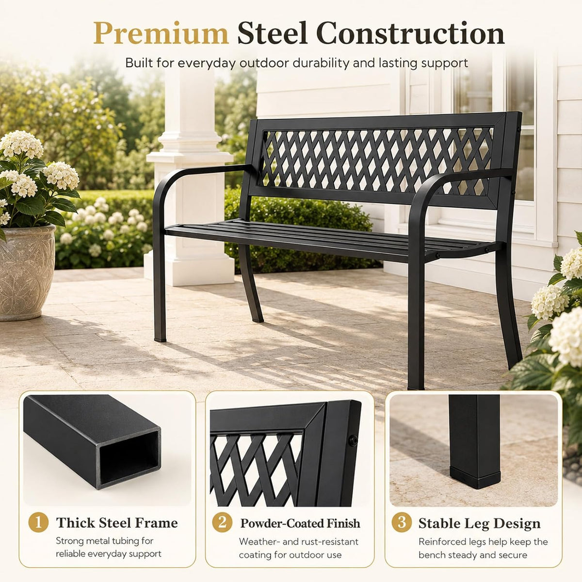 47" Outdoor Garden Bench, Metal Patio Bench with Backrest, Black