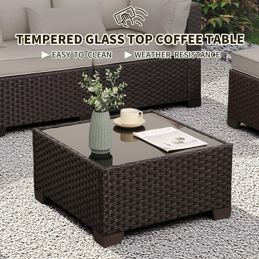 WAROOM Outdoor Patio Furniture Set 7 Pieces Wicker Sectional Sofa Brown Rattan Conversation Couch with Coffee Table, Anti-Slip Thick Beige Cushion