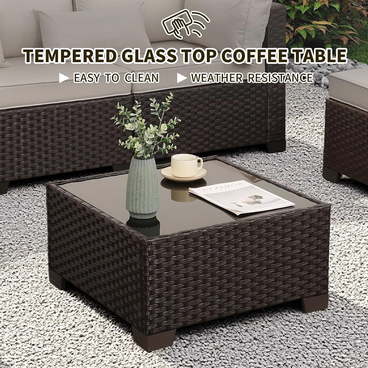 WAROOM Outdoor Patio Furniture Set 7 Pieces Wicker Sectional Sofa Brown Rattan Conversation Couch with Coffee Table, Anti-Slip Thick Beige Cushion