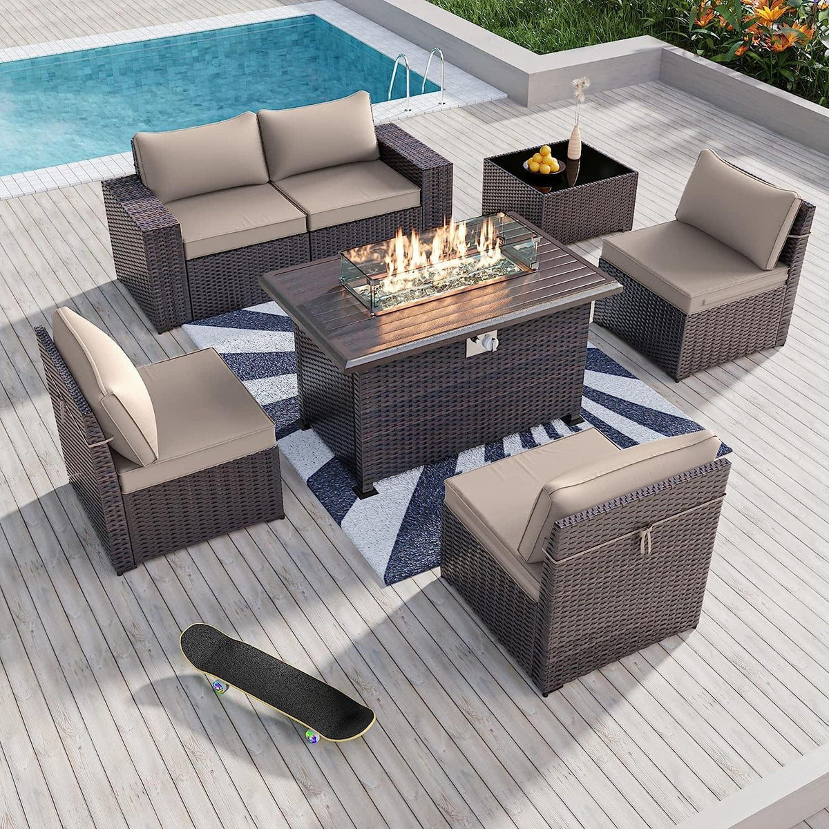Kullavik 7 Piece Outdoor Wicker Patio Furniture Set with Fire Pit Table