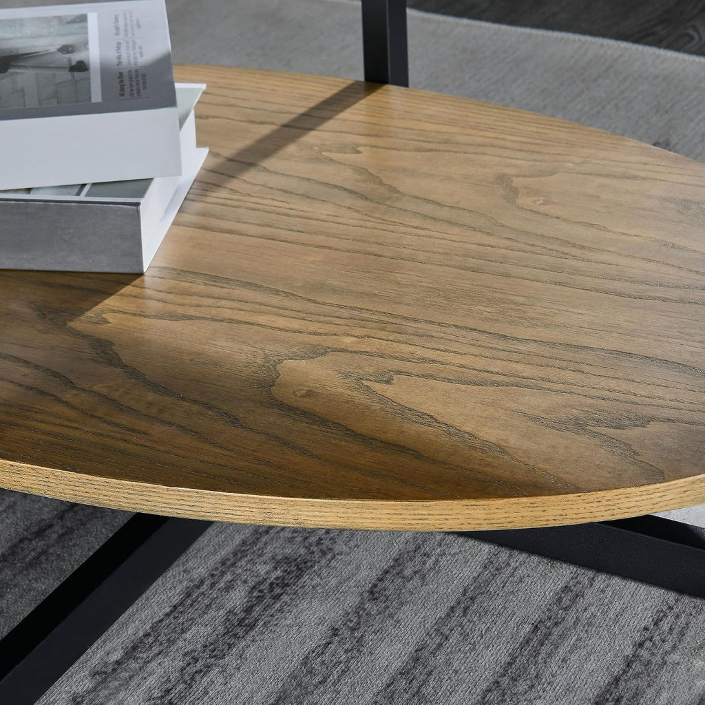 Wood Oval Coffee Table with Storage Shelf, 2-Tier, Rustic Nature