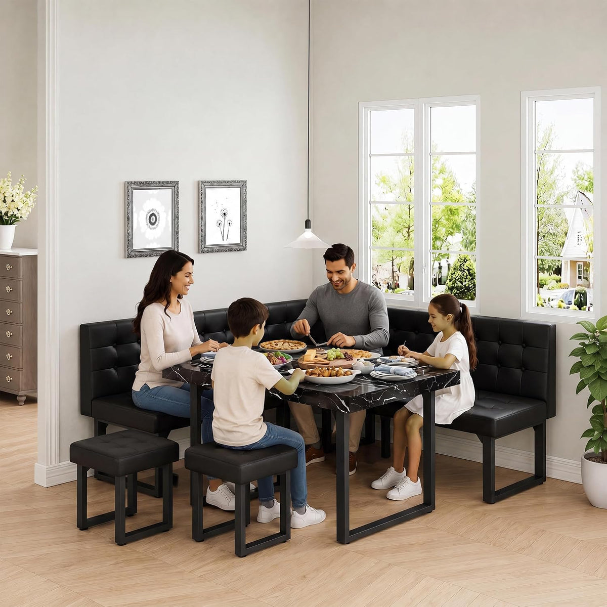 XIAO WEI Corner Dining Table Set for Small Spaces, 72 Inch Breakfast Nook with Storage Banquette, 5 Piece Dining Set with Upholstered Bench, Modern Black