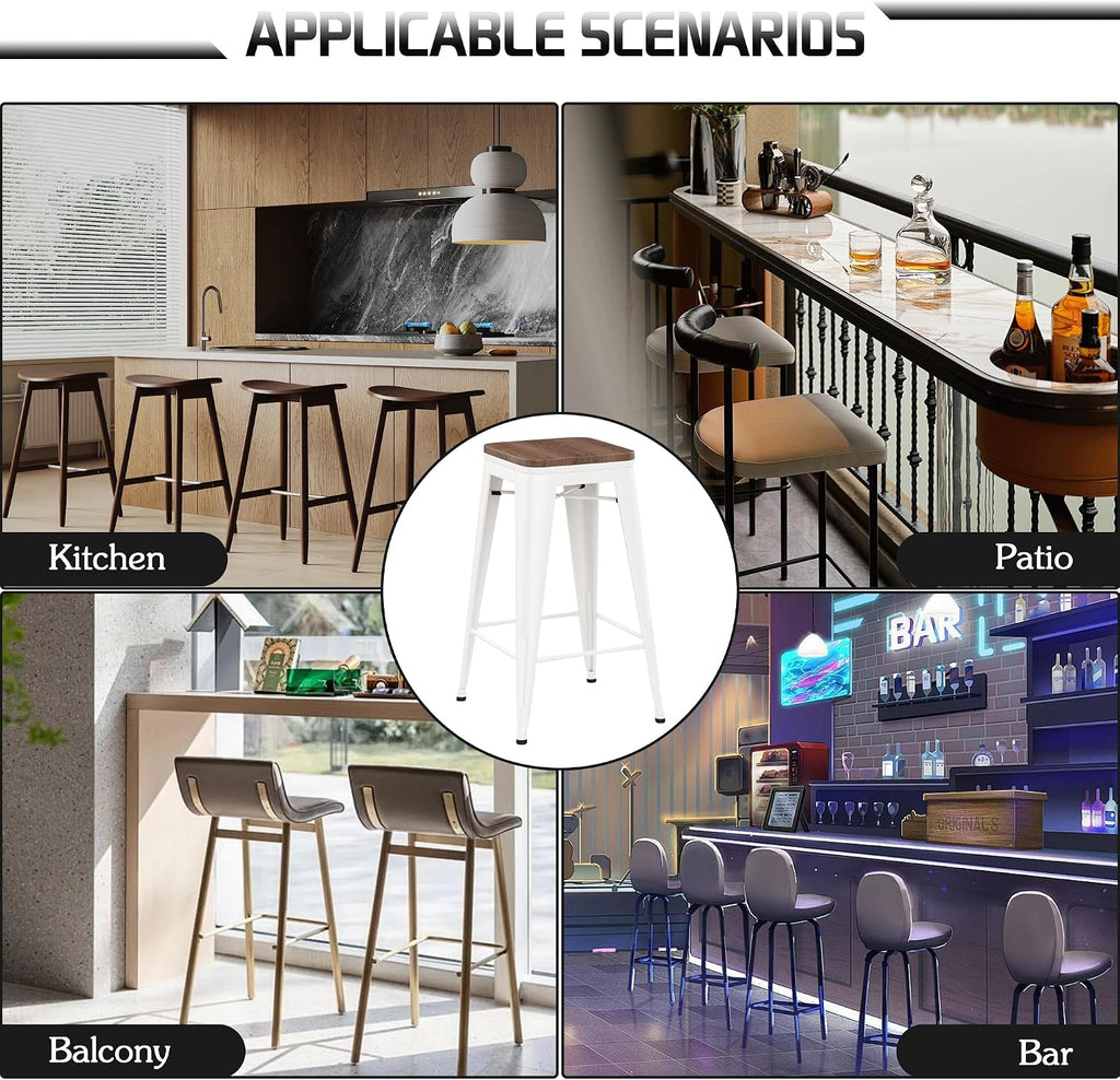Alunaune 24" Metal Bar Stools Set of 4 Industrial Backless Counter Height Barstools Kitchen Patio Stool Stackable with Wooden Seat- White