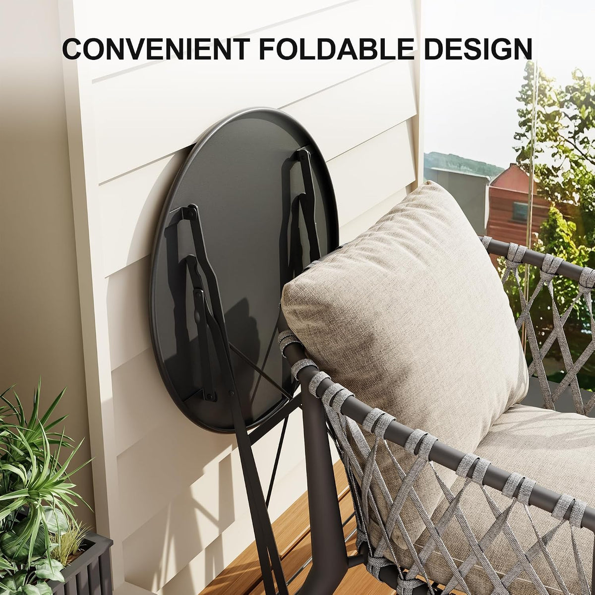 GarveeHome 3 Piece Foldable Patio Bistro Set, Compact Round Table with 2 Folding Chairs for Garden, Black