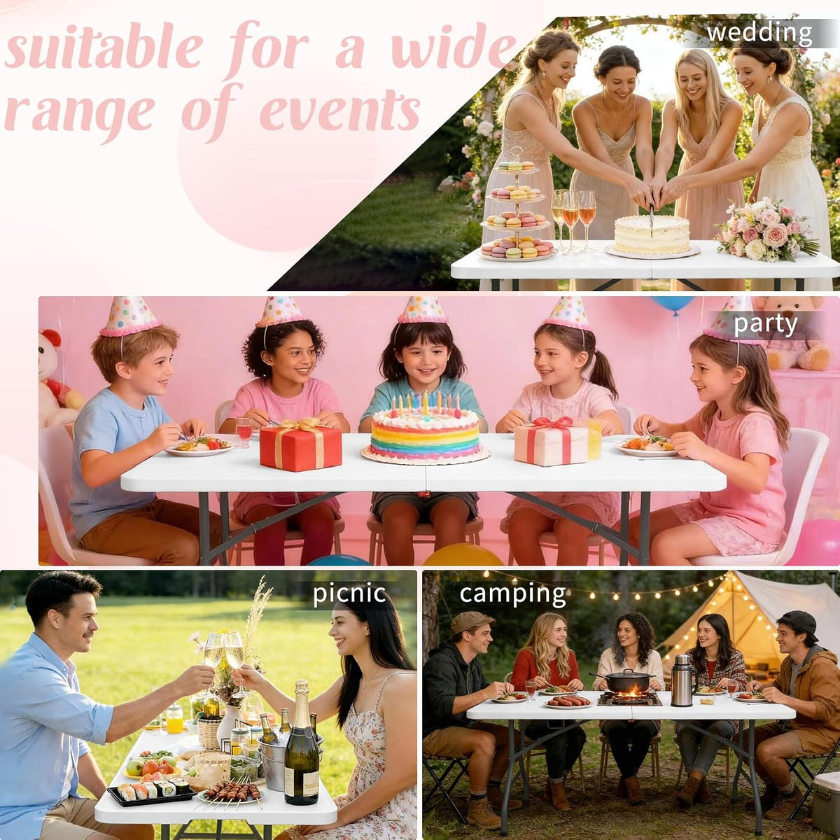 2 Pack 5 Feet Portable Folding Table White, Steel Legs Fold-in-Half with Carrying Handle Rectangular Plastic Foldable Table for Party, Wedding, Camping, Picnic, Dining, Indoor Outdoor Events (White)