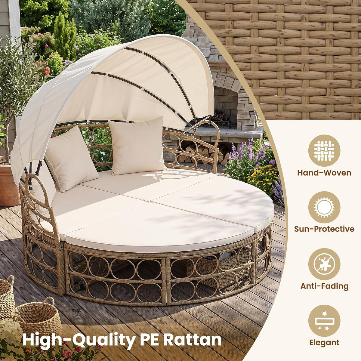 Tangkula Round Outdoor Patio Daybed with Retractable Canopy & Cushions