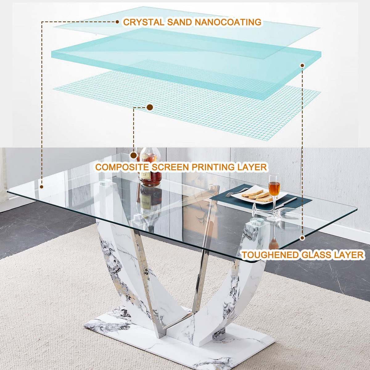 JUFU 7-Piece White Dining Table Set for 6, 63" Rectangular Glass Dining Table with Faux Marble U-Shaped Pedestal Base and 6 White Cantilever Chairs, Modern Kitchen & Dining Room Furniture Set