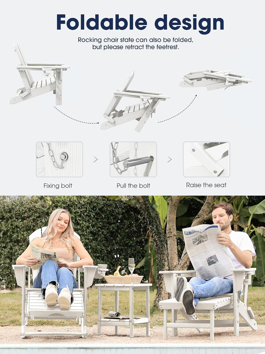 KINGYES Adirondack Rocking Chair Set of 2 with Ottoman and Cup Holders