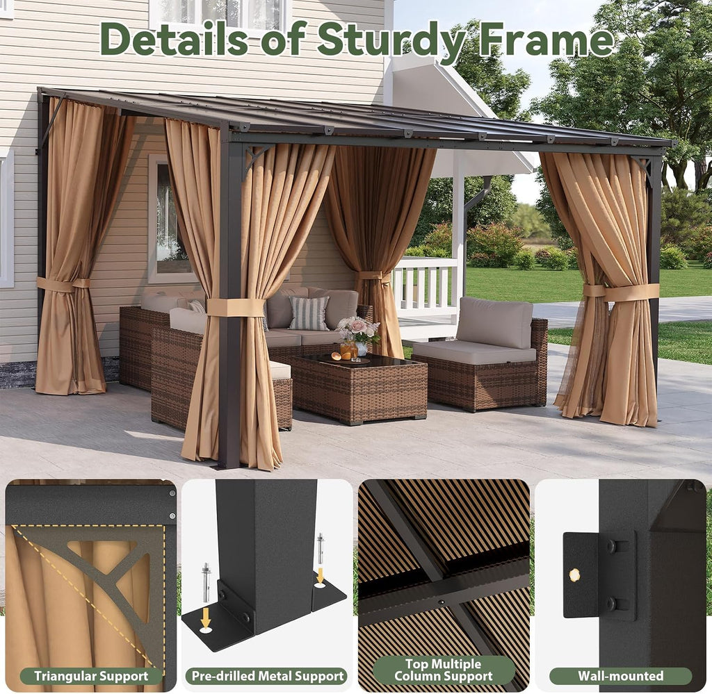 Aoxun 12'x10' Lean to Gazebo, Pergola with Mosquito Net and Curtains, Brown