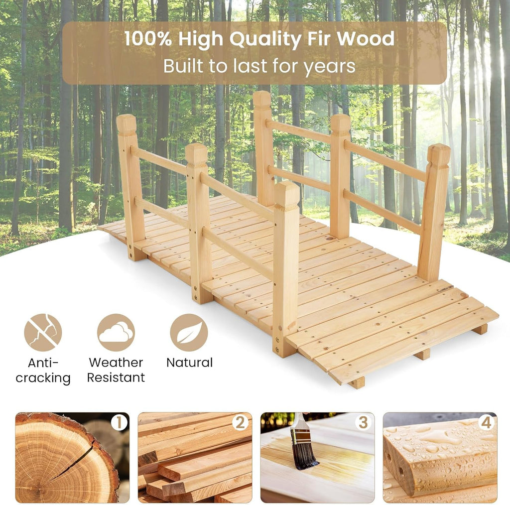 HAPPYGRILL 5FT Wooden Garden Bridge with Double Safety Railings