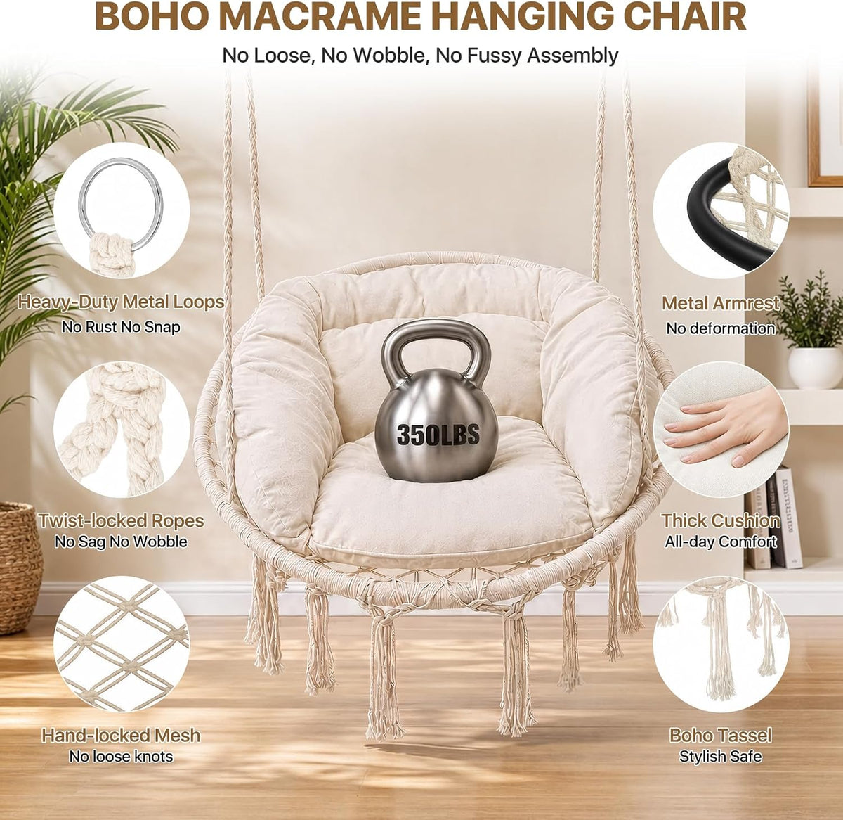 Athena Collection Hammock Chair with Hardware Kit & & Cozy Cushion, White