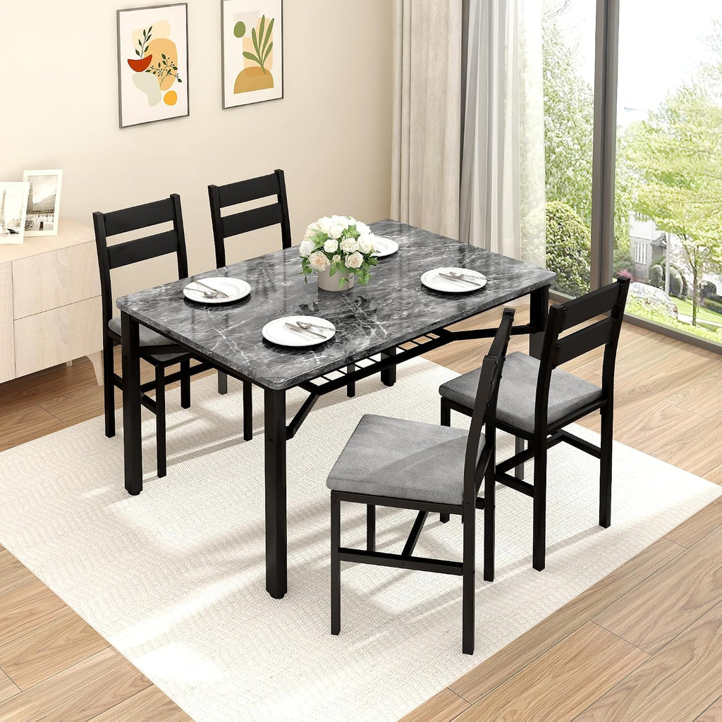 Hooseng 5 Piece Dining Table Set for 4, Modern Kitchen Table with Storage Rack and 4 Upholstered Chairs, Faux Marble Dining Room Table Set for Apartment, Small Spaces (Gray)