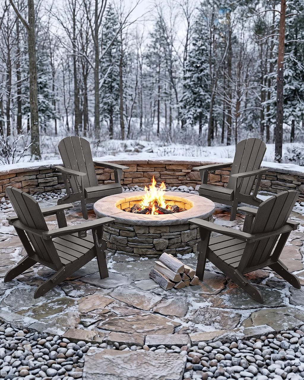 PLUUV Adirondack Chair Set of 4, Fire Pit Chairs with Cup Holder, Grey