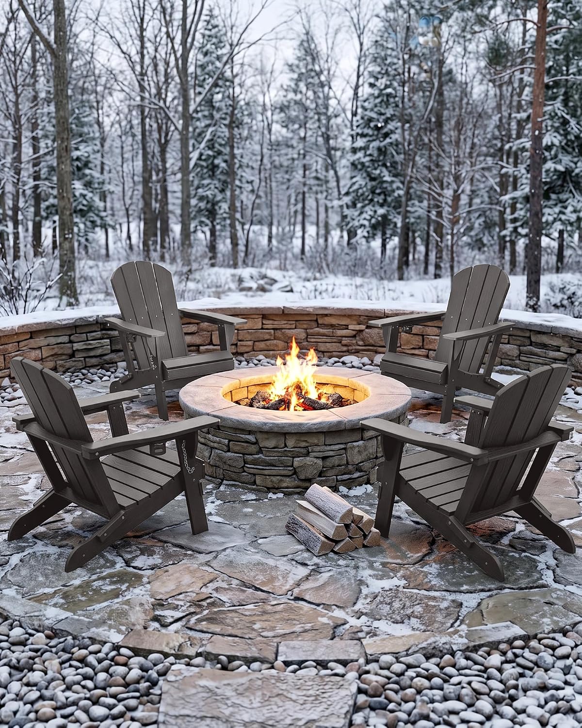 PLUUV Folding Adirondack Chair, HDPE Fire Pit Chairs with Cup Holder, Grey
