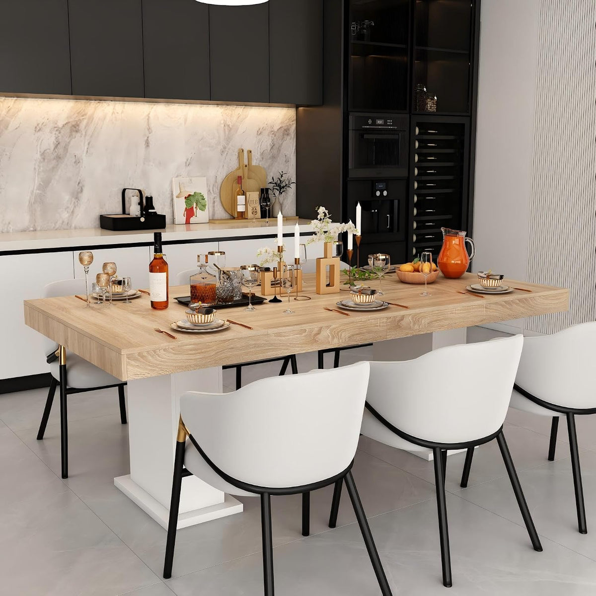 Modern Dining Table for 6-8 People, 78.7" Wood Kitchen Table with Stylish Pedestal, Long Rectangle Wooden Dinner Table for Dining Room, Brown & White