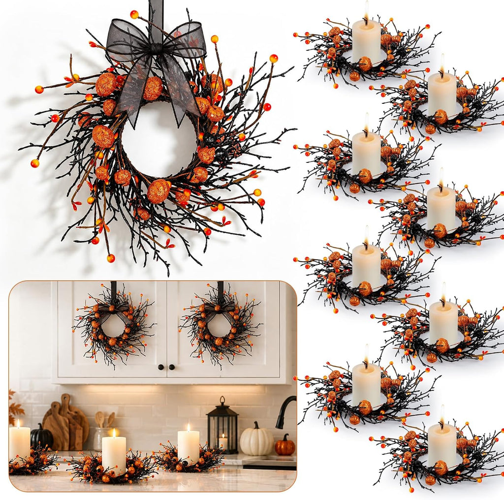 8 PCS Mini Halloween Candle Rings Berry Pumpkin Wreath for Kitchen Cabinet