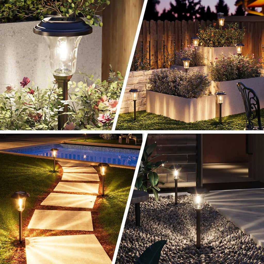 XMCOSY+ Solar Pathway Lights 4 Pack, Metal Glass Solar Garden Light Outdoor