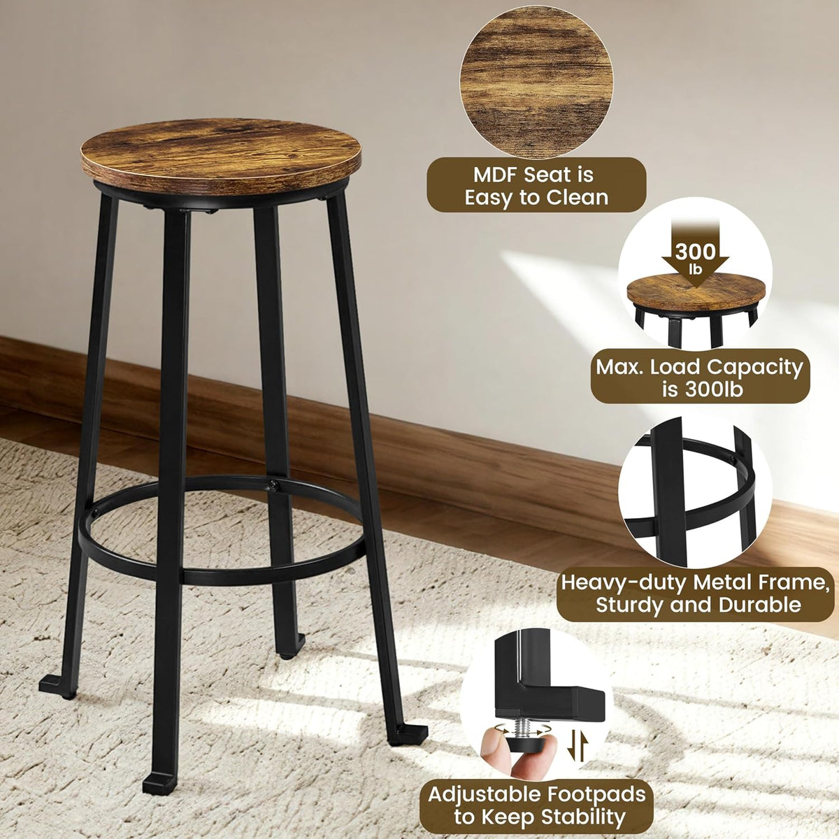 Yaheetech 29.5" Bar Stools Set of 4, Industrial Metal Legs, Rustic Brown