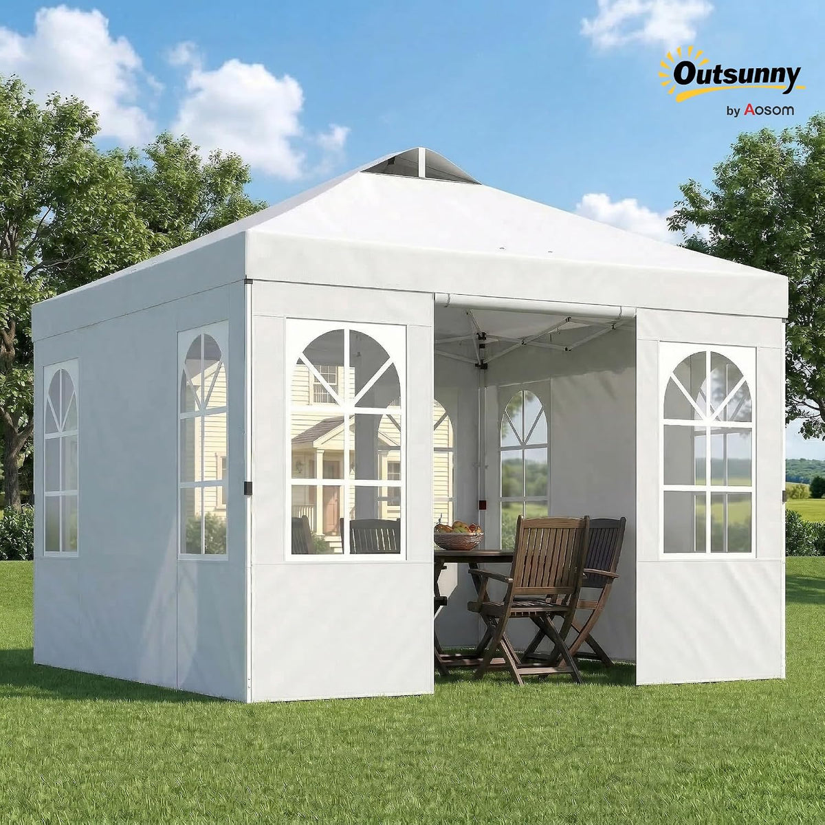 Outsunny 9.6 x 9.6 ft Pop Up Canopy Tent with Sidewalls UPF50+, White