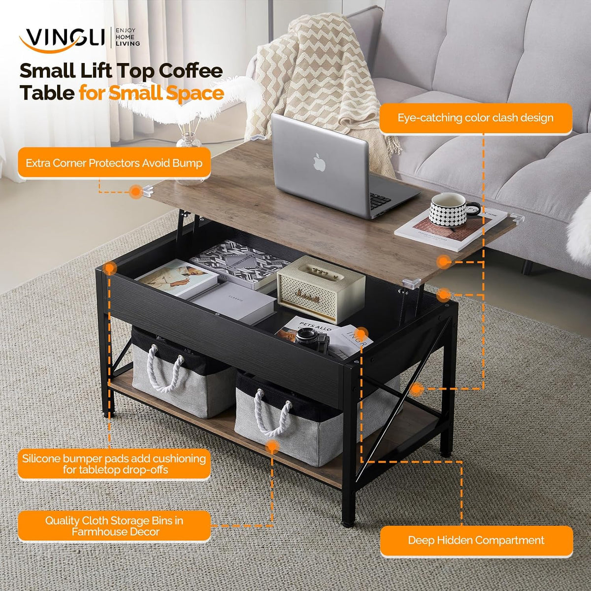 VINGLI 36" Lift Top Coffee Table with Free Cloth Storage Bins, Rustic Framhouse Grey Coffee Tables for Living Room, Small Modern Coffee Table for Small Space in Minimalistic Style, Gray