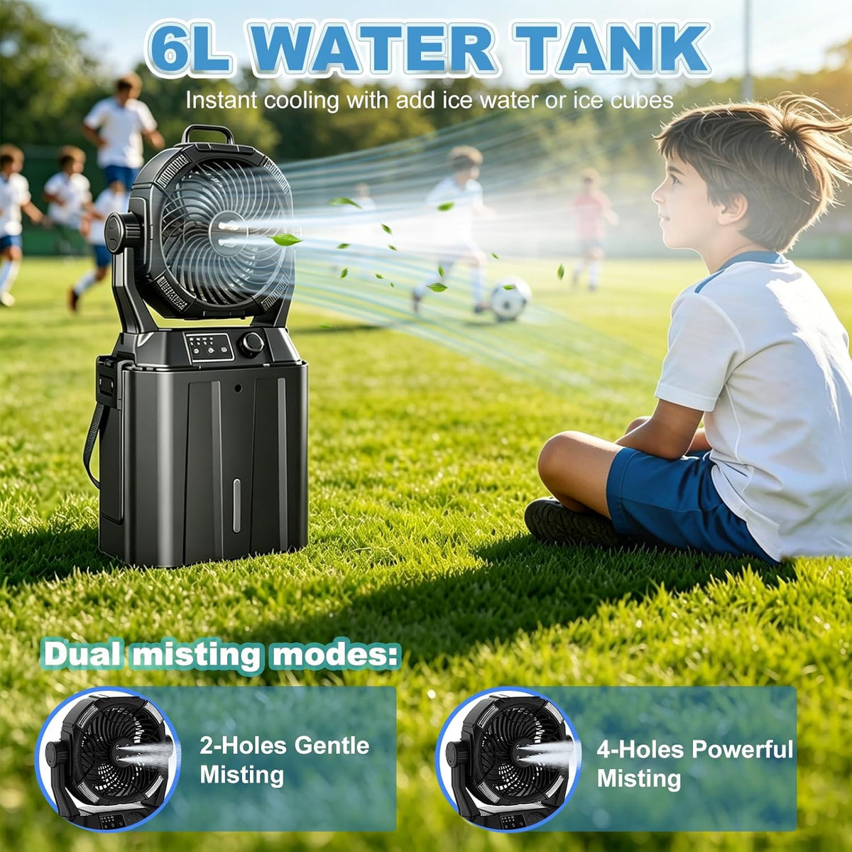 Wilody Portable Misting Fan Rechargeable with Remote Control, 6L Bucket Camping Fan with LED Lights & Stepless Speed Control & Cooling Mist, Portable Handle & Rotate Hook, Timer Function