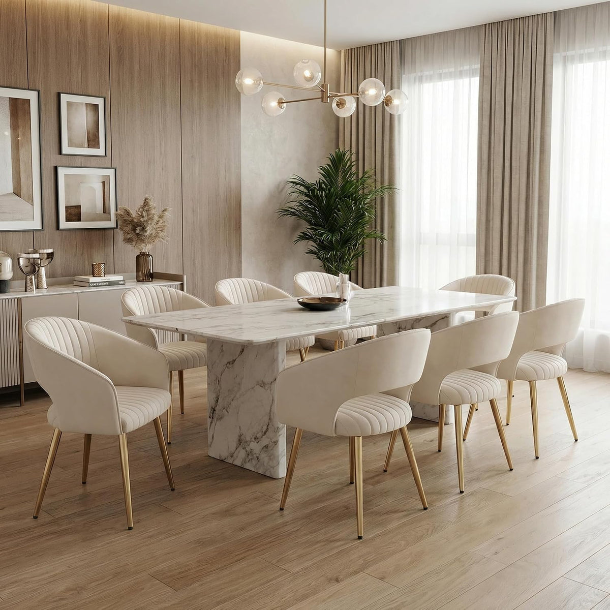 Modern Dining Chairs Set of 8, Upholstered PU Leather Gold Dining Room Chairs with Hollow Back, Accent Armrest Kitchen Chairs with Gold Legs for Living Room Cream