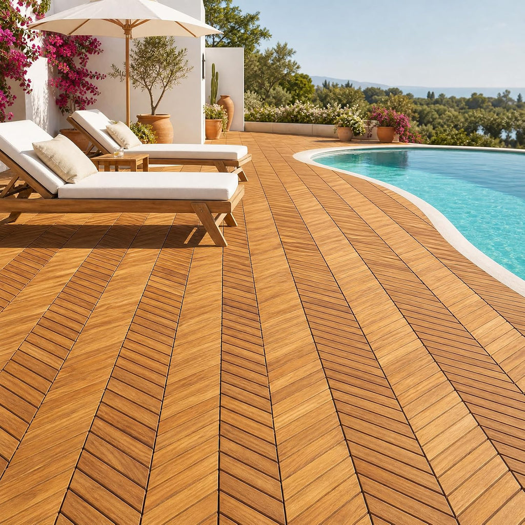 goplus 30-pack acacia wood interlocking deck tiles (30 shown in use