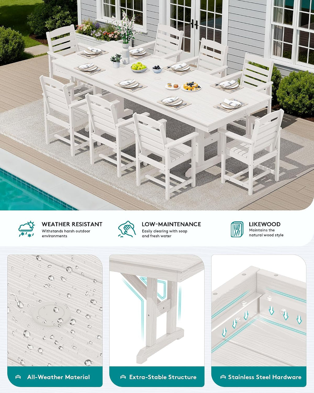 SERWALL Outdoor 84" HDPE Rectangular Dining Table for 6-8,All-Weather,White