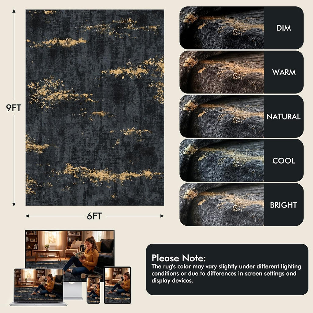 Fixwal Washable 6x9 Area Rug for Living Room, Non-Slip, Black/Gold