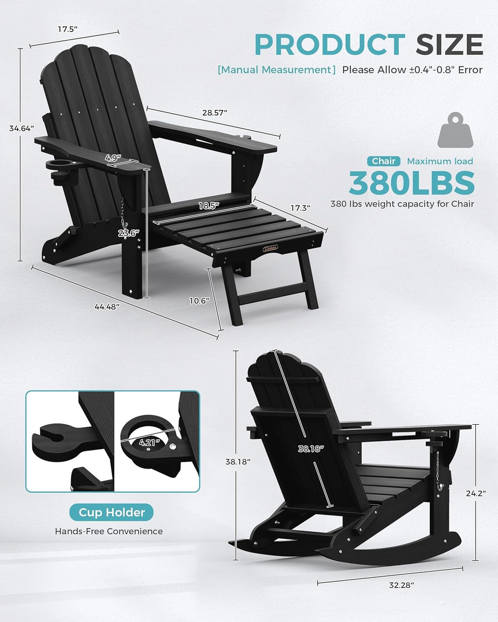 Ciokea Rocking Adirondack Chairs Set of 4 with Retractable Ottoman (Black)
