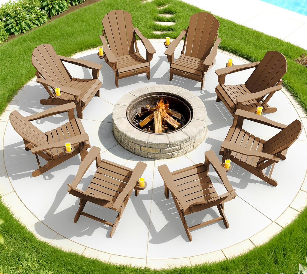 SERWALL Folding Adirondack Chair Set of 2, Cup Holder, Wood Texture -Brown
