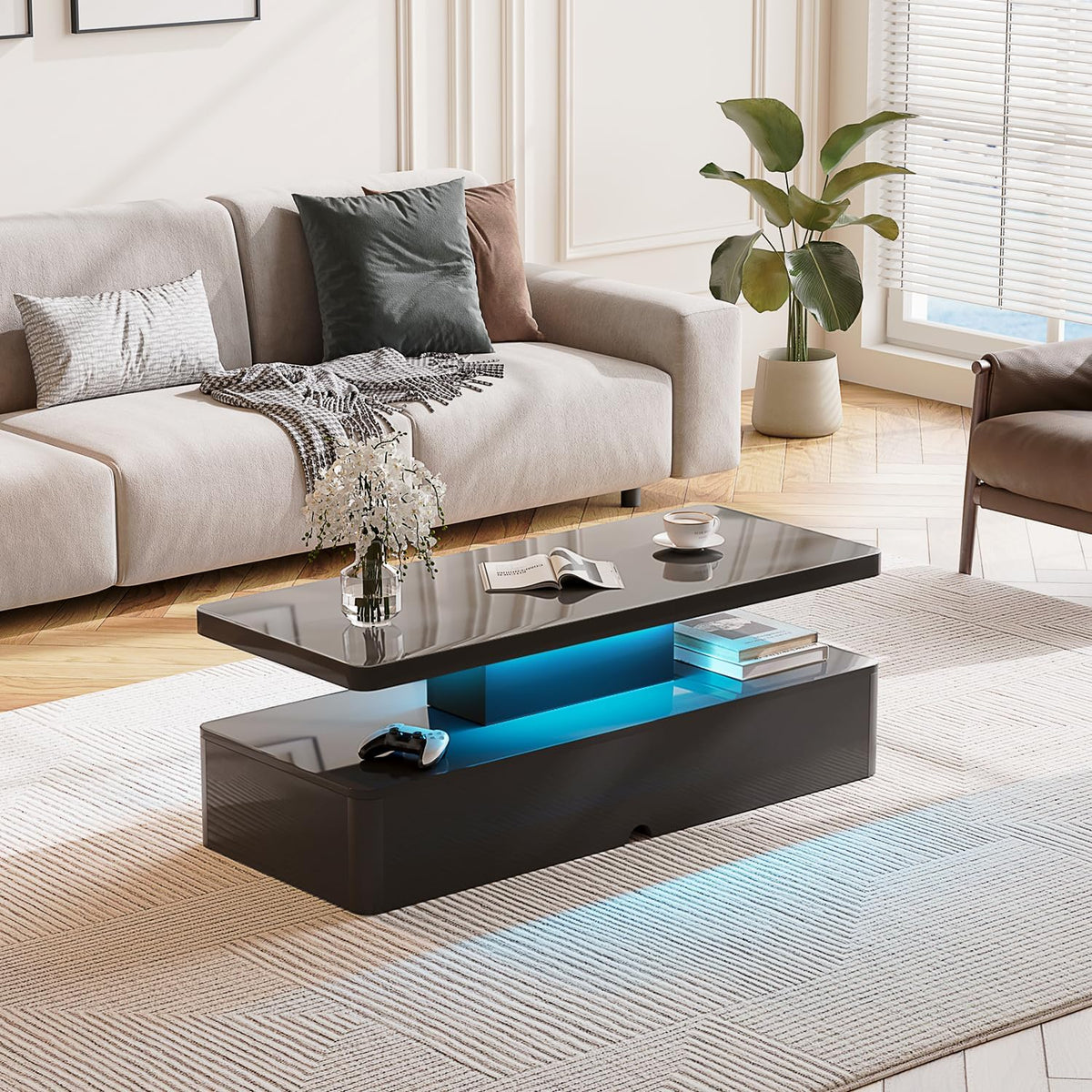 40" Modern Living Room Tables, LED Coffee Table with LED Lights, 2 Tier Rectangular Center Table with Large Storage, High Glossy Surface, Tea Table for Living Room, Black