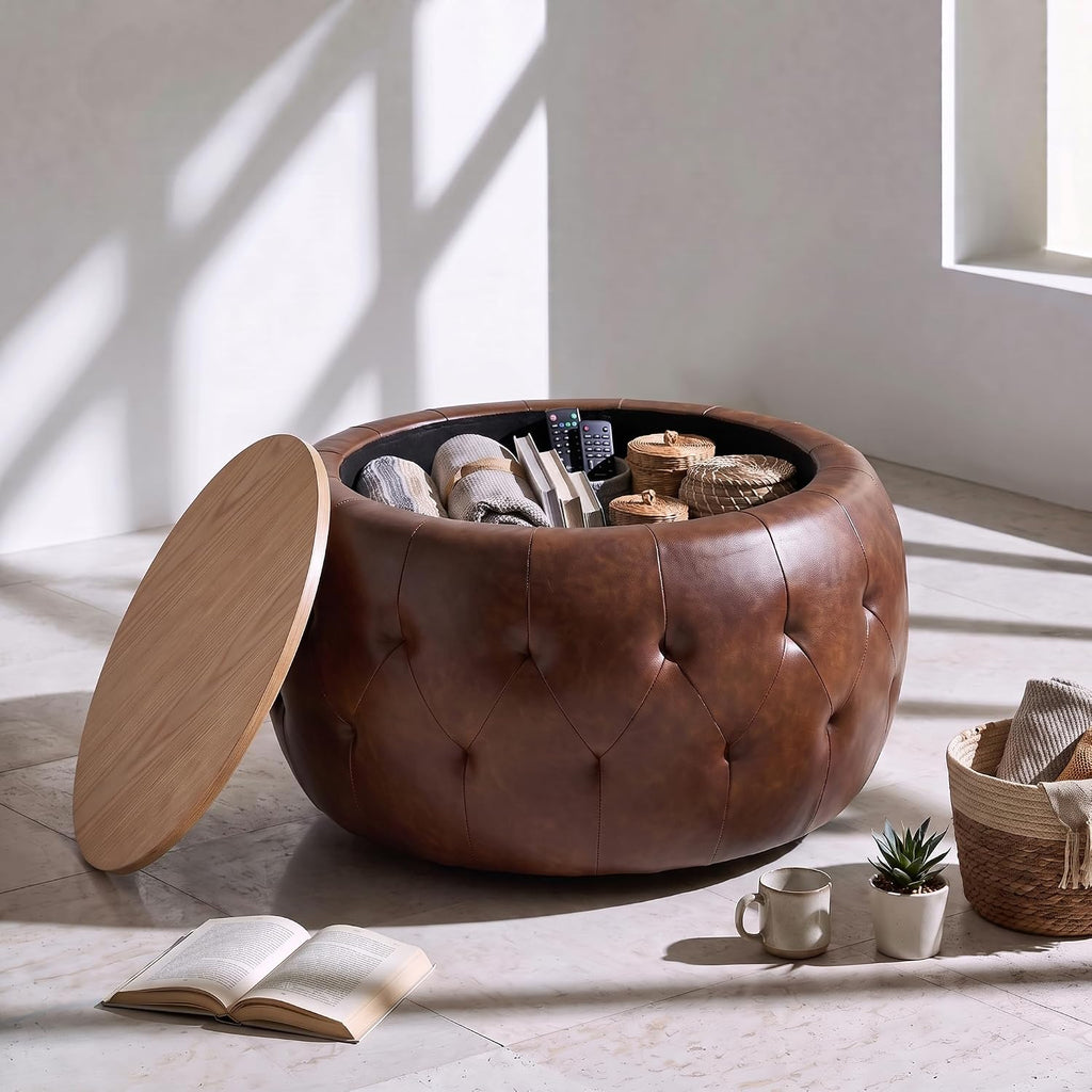Round Ottoman with Storage, 25 Inches Wooden Top Coffee Table for Living Room, Modern Upholstered Side Table, Multifunctional Faxu Leather Surface Footstool(Brown)