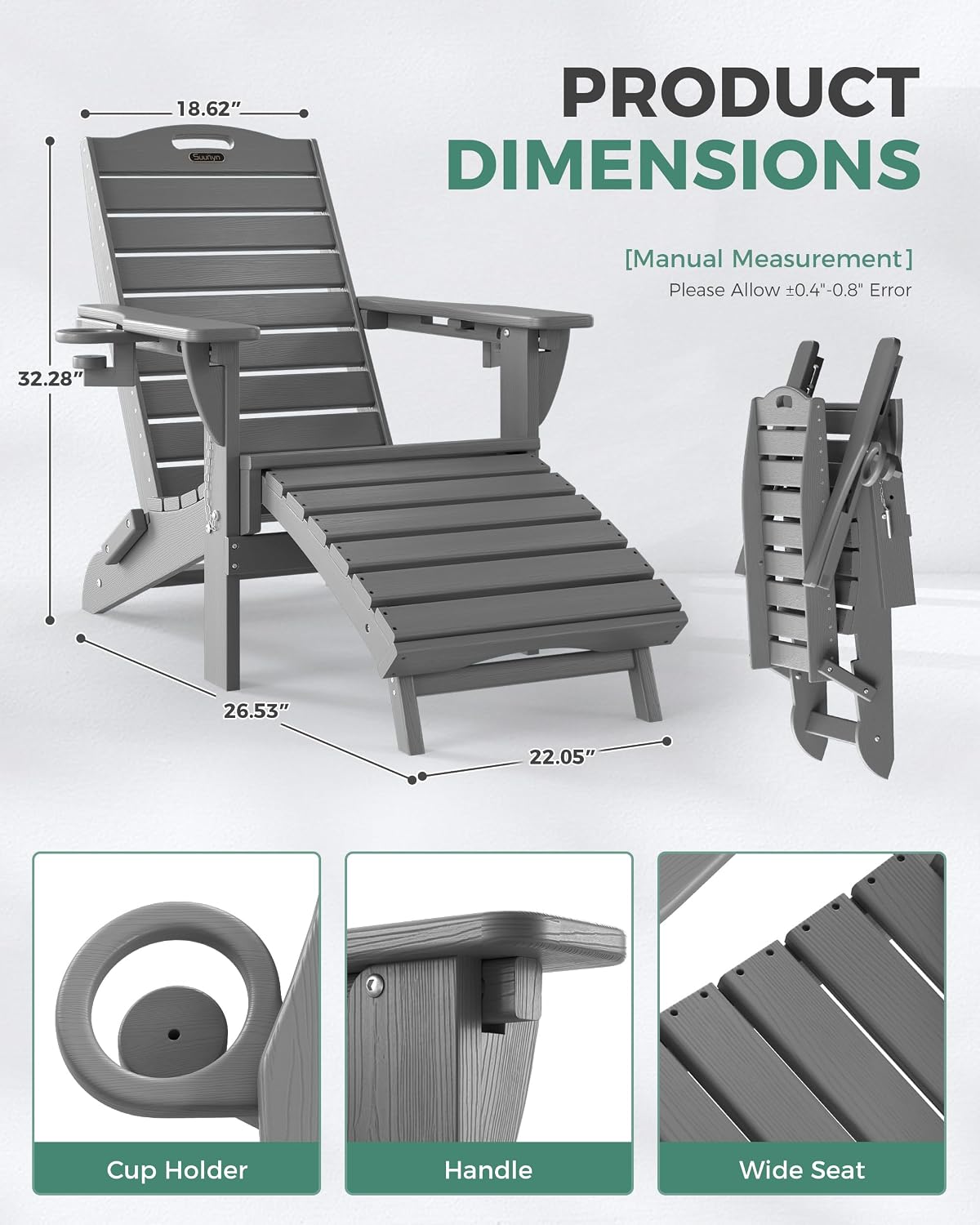Adjustable Adirondack Chairs Set of 2 with Retractable Ottoman, HDPE Folding Adirondack Chair with 2 Cup Holders, Weather Resistant for Backyard, Poolside & Fire Pit (Grey)