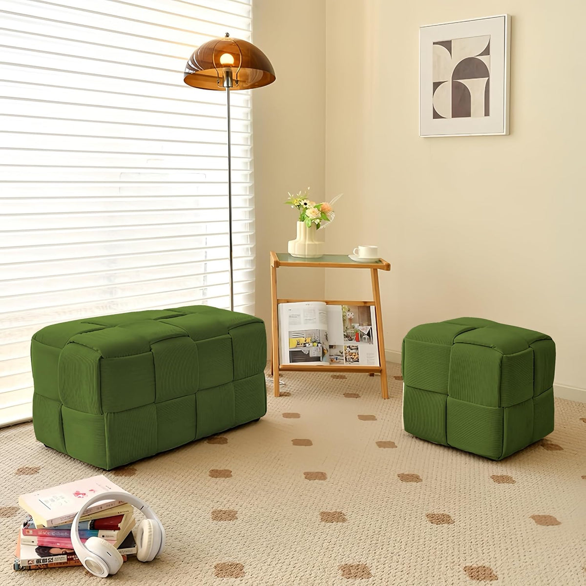 Cmishe 28" Rectangular Woven Corduroy Ottoman Footrest - Large Modern Entryway Bench & Bed End Stool, Sturdy Wood Frame, No Assembly (Green-L)