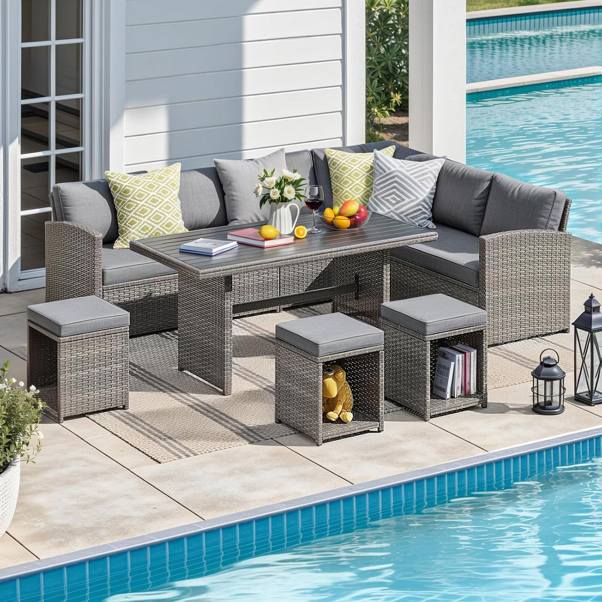 JOIVI 7 Piece Wicker Patio Furniture Set w/Dining Table & Ottomans, Gray