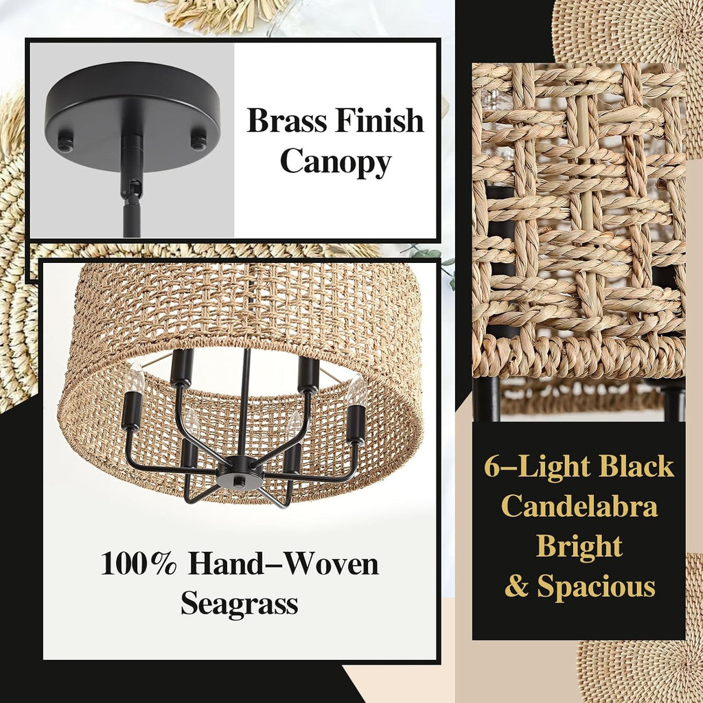 21.6" large rattan chandelier, 6-light boho pendant light showing dimensions